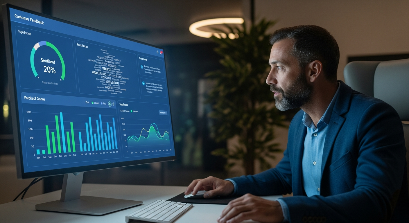 Digital dashboard showing customer feedback collected automatically from emails and social media while business owner reviews it